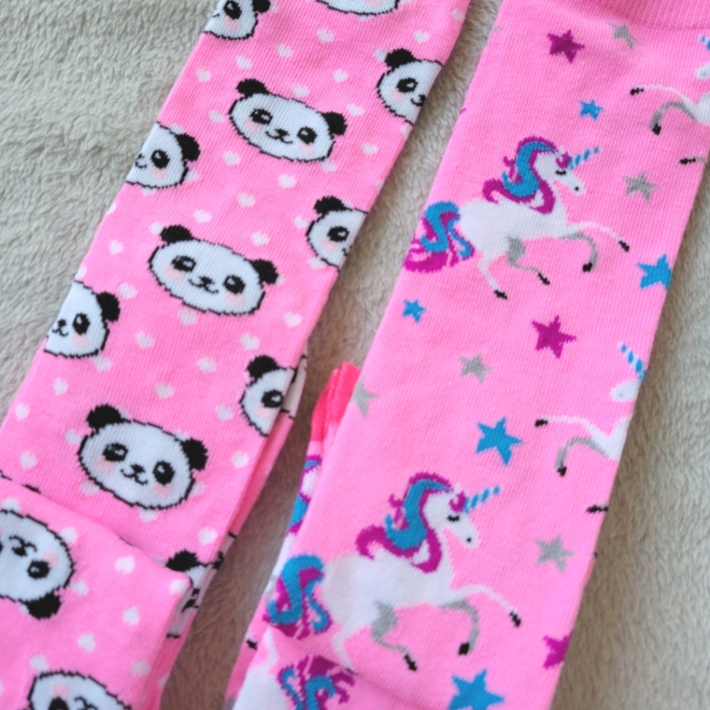 2 Knee High Socks Pink Unicorns Star & Panda Bears NWT